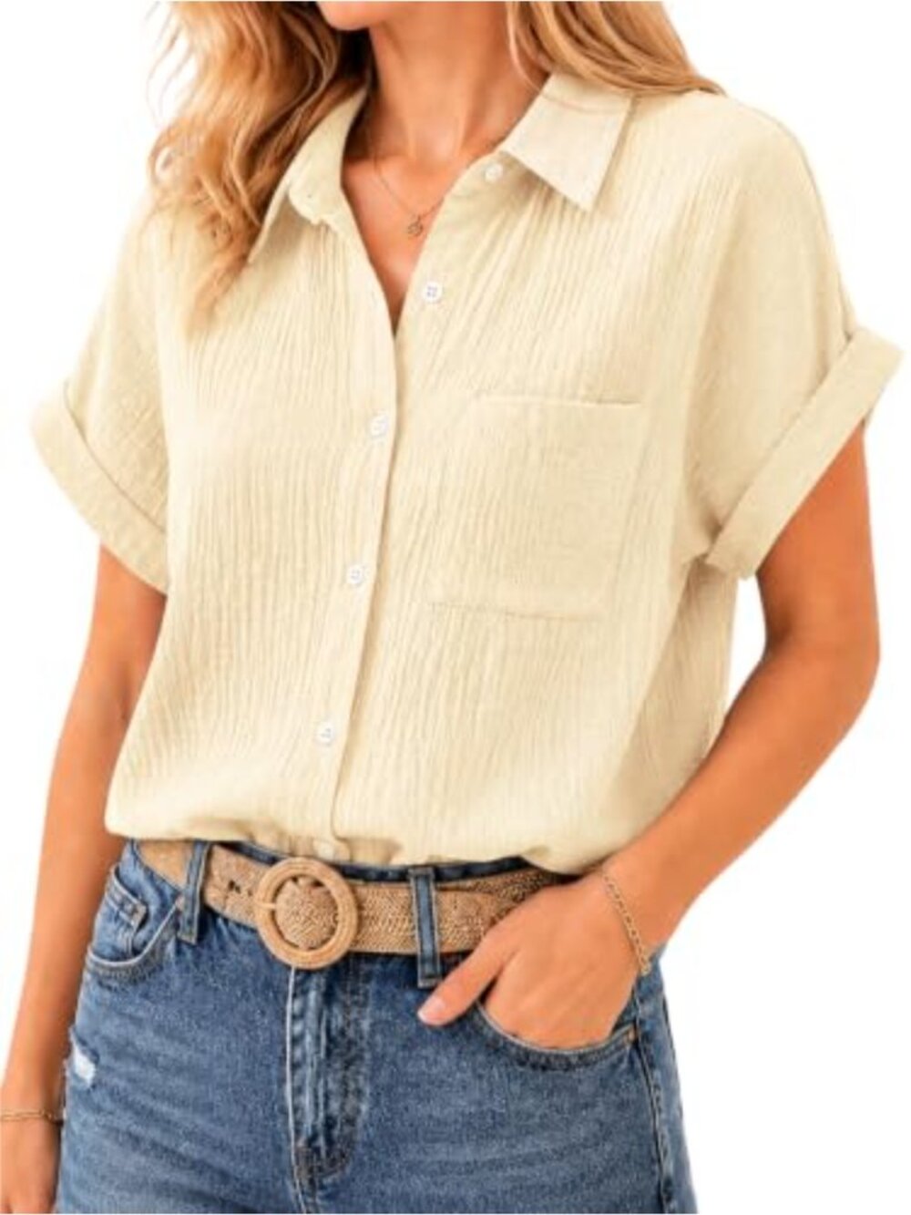 100% Cotton Gauze Button Down Short Sleeve Blouse